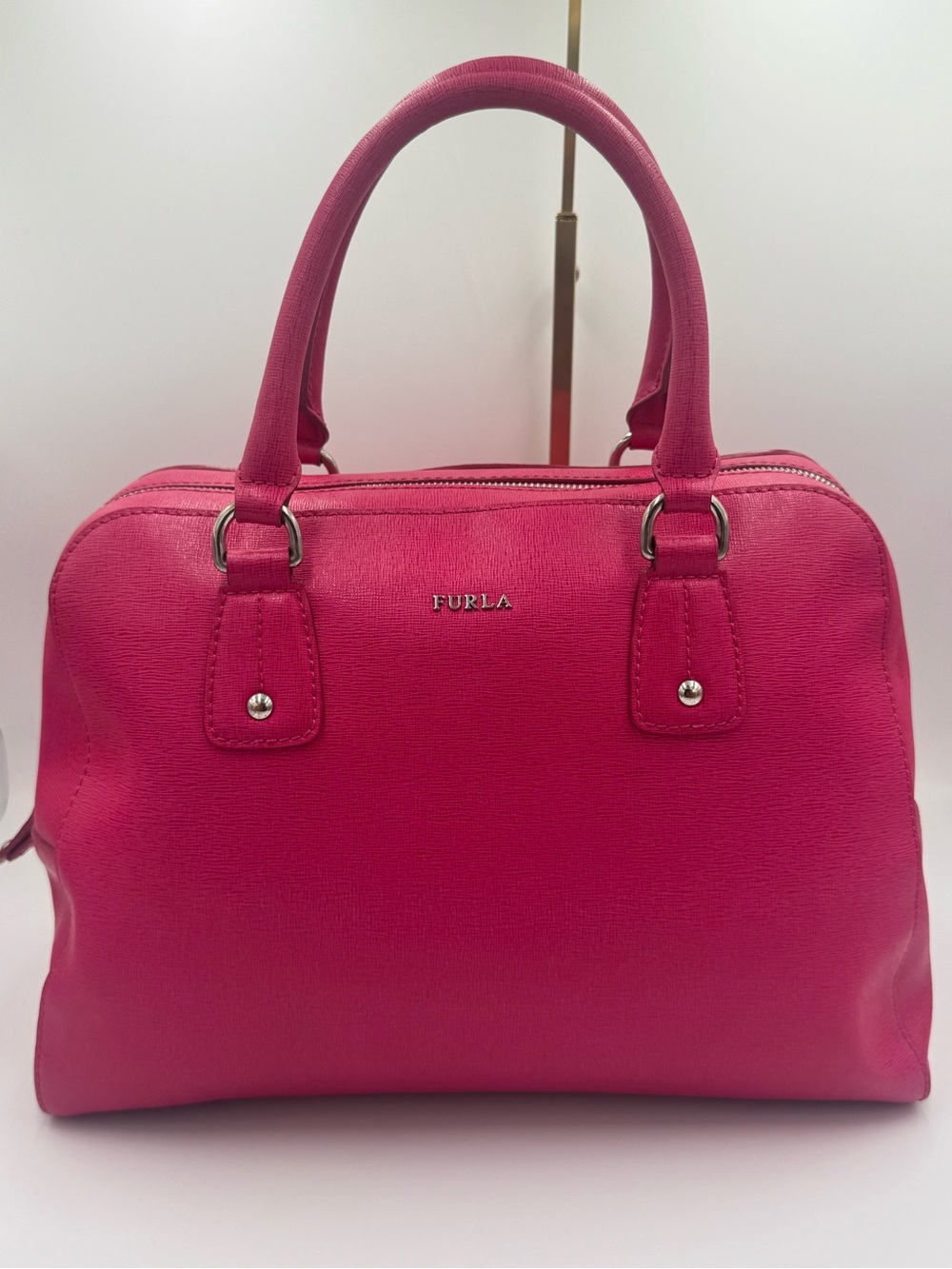 Furla Hot Pink Saffiano Satchel w/Top Handles Silver Hardware & Crossbody Strap